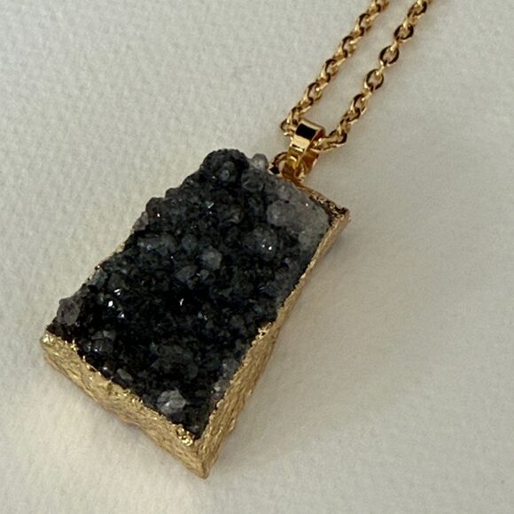 Black Druzy Quartz Pendant Necklace - Rough Crystal Nugget with Gilded Edge - Picture 5 of 7